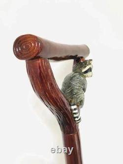 Hand Carved Raccoon Head Walking Stick Wooden Animal Cane