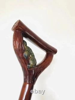 Hand Carved Raccoon Head Walking Stick Wooden Animal Cane