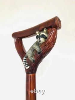Hand Carved Raccoon Head Walking Stick Wooden Animal Cane