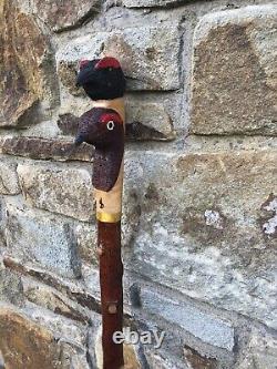 Hand Carved Red And Black Grouse In Lime, Hiking/Walking stick on Crab Apple