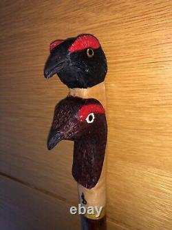 Hand Carved Red And Black Grouse In Lime, Hiking/Walking stick on Crab Apple