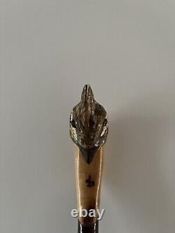 Hand Carved Ruffed grouse In Lime, Hiking/Walking stick on Blackthorn Shank