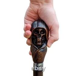 Hand Carved Skull Wooden Walking Cane Gothic Style Handmade Walking Stick