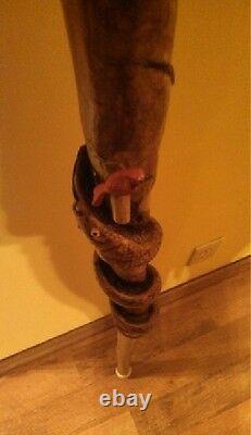 Hand Carved Snake & Mouse & Red Cardinal Wood Walking Stick