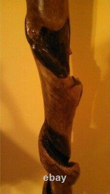 Hand Carved Snake & Mouse & Red Cardinal Wood Walking Stick