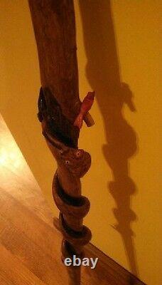 Hand Carved Snake & Mouse & Red Cardinal Wood Walking Stick