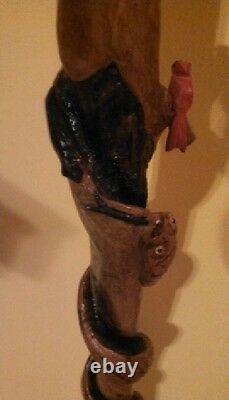 Hand Carved Snake & Mouse & Red Cardinal Wood Walking Stick