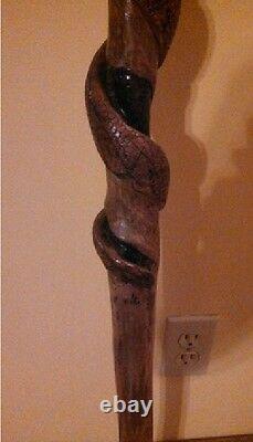 Hand Carved Snake & Mouse & Red Cardinal Wood Walking Stick