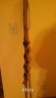 Hand Carved Snake & Mouse & Red Cardinal Wood Walking Stick