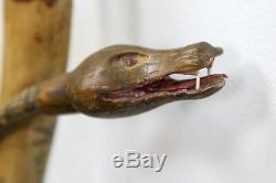 Hand Carved Snake open mouth Walking Cane or Stick Folk Art -Stone, Glass Eyes