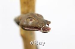 Hand Carved Snake open mouth Walking Cane or Stick Folk Art -Stone, Glass Eyes