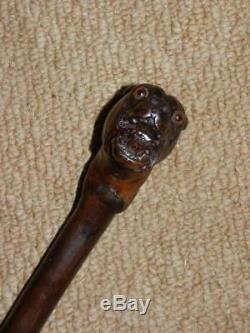 Hand Carved Snarling Dog H. M Silver 1909 Walking Stick. 35.1/2 Brigg London