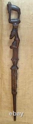 Hand-Carved Tribal Wooden Walking Stick with Animal Head Handle