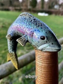 Hand Carved Trout Country Walking stick on Hazel Shank