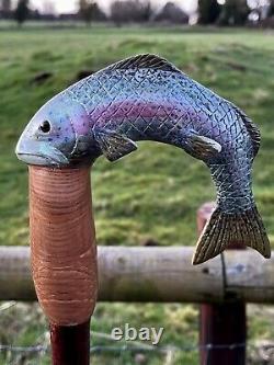 Hand Carved Trout Country Walking stick on Hazel Shank