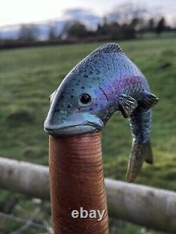 Hand Carved Trout Country Walking stick on Hazel Shank