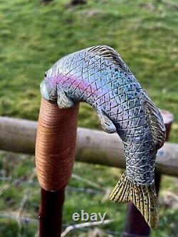 Hand Carved Trout Country Walking stick on Hazel Shank