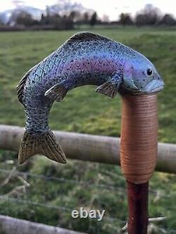 Hand Carved Trout Country Walking stick on Hazel Shank