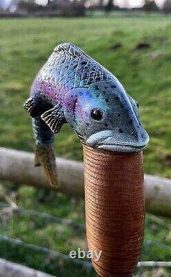 Hand Carved Trout Country Walking stick on Hazel Shank