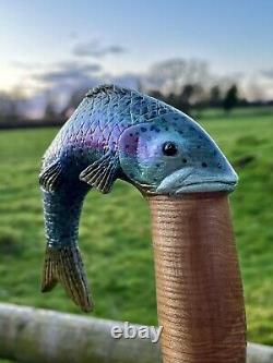 Hand Carved Trout Country Walking stick on Hazel Shank