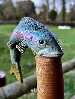 Hand Carved Trout Country Walking stick on Hazel Shank