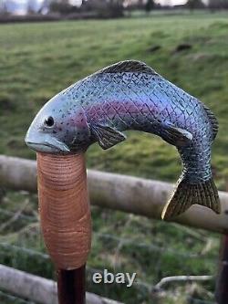 Hand Carved Trout Country Walking stick on Hazel Shank