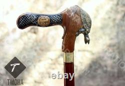 Hand Carved Turtle Head Handle Wooden Walking Cane Handmade Walking Stick Gif AI