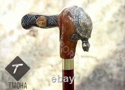 Hand Carved Turtle Head Handle Wooden Walking Cane Handmade Walking Stick Gif AI