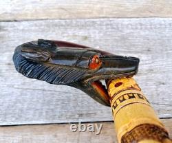 Hand Carved Ukrainian Wolf's Bite Wolf Head Wooden Walking Stick