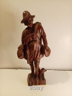 Hand Carved Walking Man Sculpture With Stick And Dog Wooden Sculpture Statue