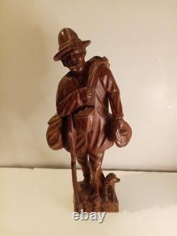 Hand Carved Walking Man Sculpture With Stick And Dog Wooden Sculpture Statue