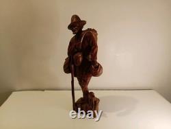 Hand Carved Walking Man Sculpture With Stick And Dog Wooden Sculpture Statue