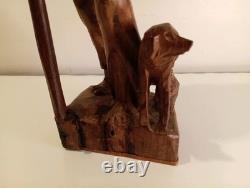 Hand Carved Walking Man Sculpture With Stick And Dog Wooden Sculpture Statue