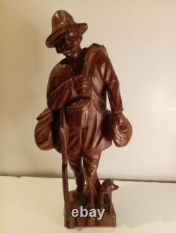 Hand Carved Walking Man Sculpture With Stick And Dog Wooden Sculpture Statue