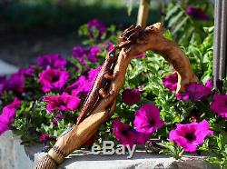 Hand Carved Walking Stick Cane Staff Wooden Crafted with Flower Light for women