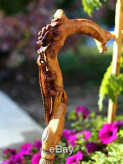 Hand Carved Walking Stick Cane Staff Wooden Crafted with Flower Light for women