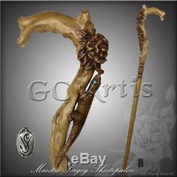 Hand Carved Walking Stick Cane Staff Wooden Crafted with Flower Light for women