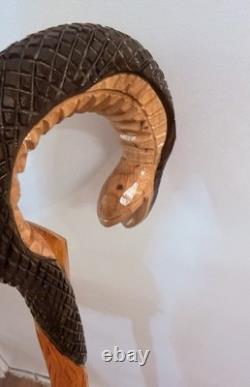 Hand Carved Walking Stick Cobra Steel Inserted Made In Solid Oak Unique Design