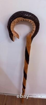 Hand Carved Walking Stick Cobra Steel Inserted Made In Solid Oak Unique Design