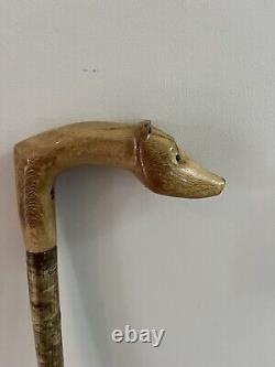 Hand Carved Walking Stick In Crimson King Maple On A Dappled Hazel Shank