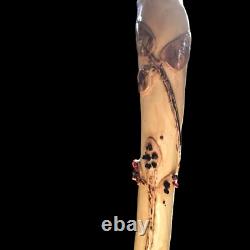 Hand Carved Walking Stick Inlaid with Polished Maine Garnet & Tourmaline
