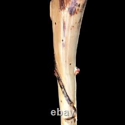 Hand Carved Walking Stick Inlaid with Polished Maine Garnet & Tourmaline