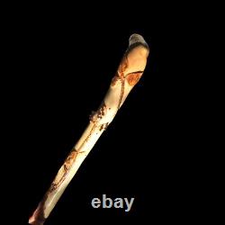 Hand Carved Walking Stick Inlaid with Polished Maine Garnet & Tourmaline