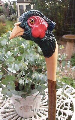 Hand Carved Walking Stick / Shooting Stick Cock Pheasant