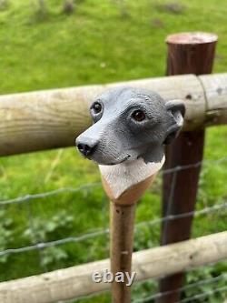 Hand Carved Whippet Head in Lime wood Country Walking stick on Hazel Shank