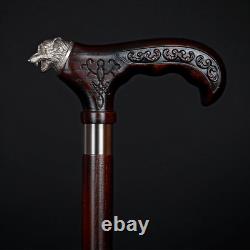 Hand Carved Wolf Handle Walking Stick Walking Cane Handmade Wooden For Mens