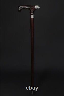 Hand Carved Wolf Handle Walking Stick Walking Cane Handmade Wooden For Mens