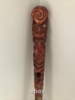Hand Carved Wood Walking Stick Mother Of Pearl Inlay Tiki Style Cane 36