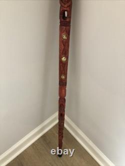 Hand Carved Wood Walking Stick Mother Of Pearl Inlay Tiki Style Cane 36