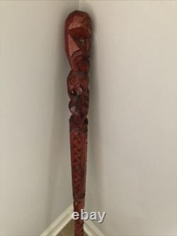 Hand Carved Wood Walking Stick Mother Of Pearl Inlay Tiki Style Cane 36